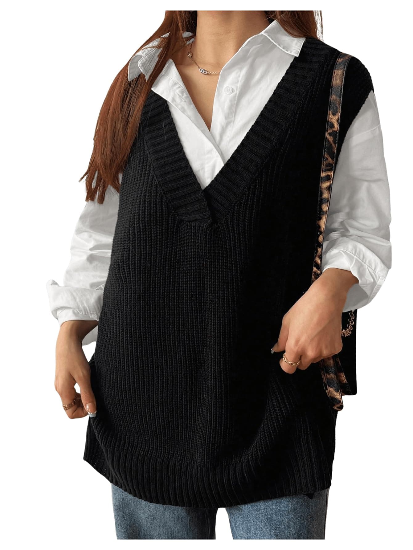 MakeMeChic Women's Plus Size V-Neck Cable Knit Sleeveless Sweater