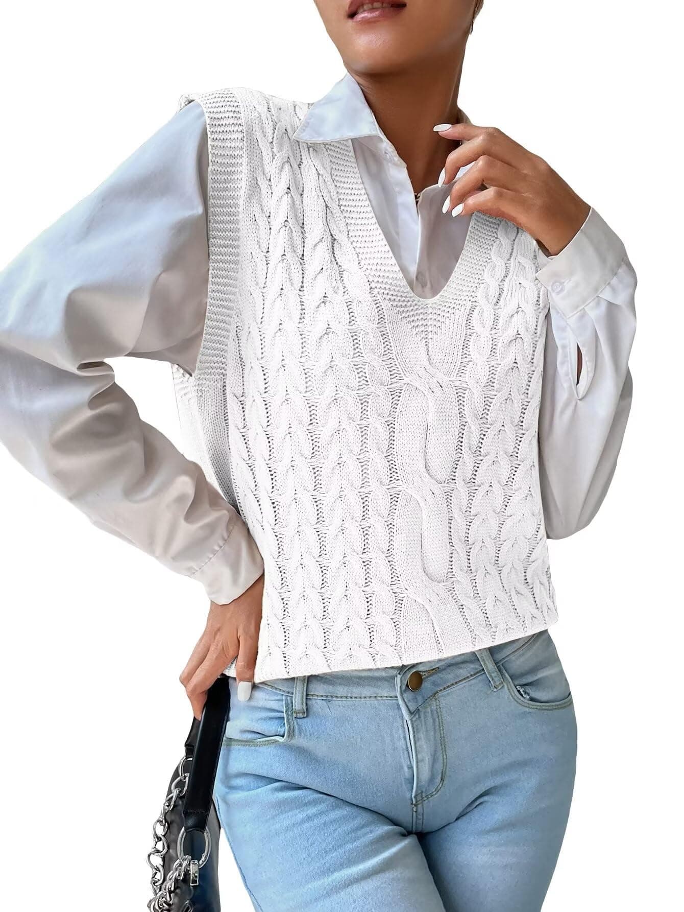 RefindWin Women's Casual V-Neck Cable Knit Sweater Vest