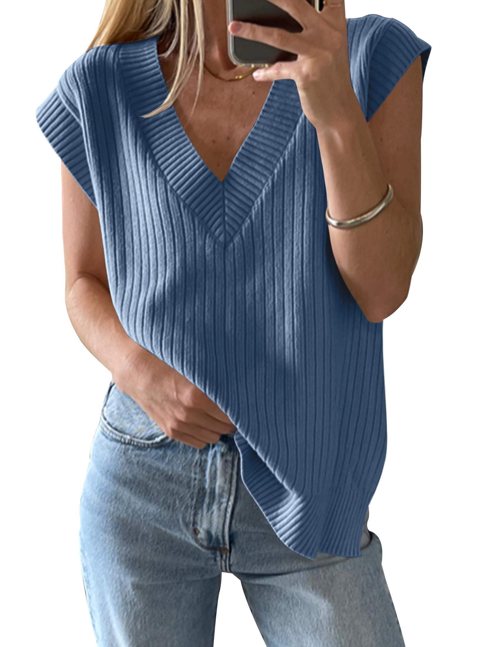Womens V Neck Spring Summer Casual Loose Fit Ribbed Knit Sweater Vest