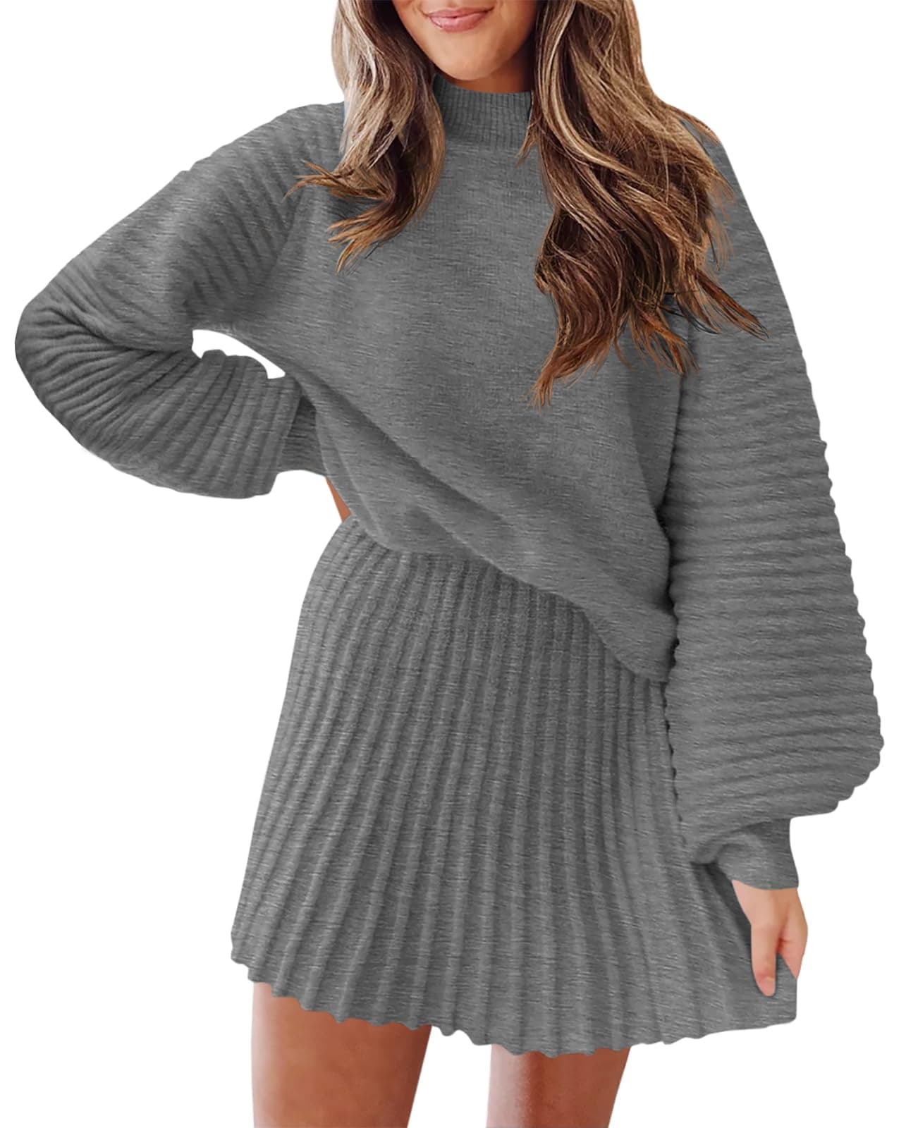 Zwurew Women's 2024 Long Sleeve Mock Neck Ribbed Sweater & Mini Skirt Set