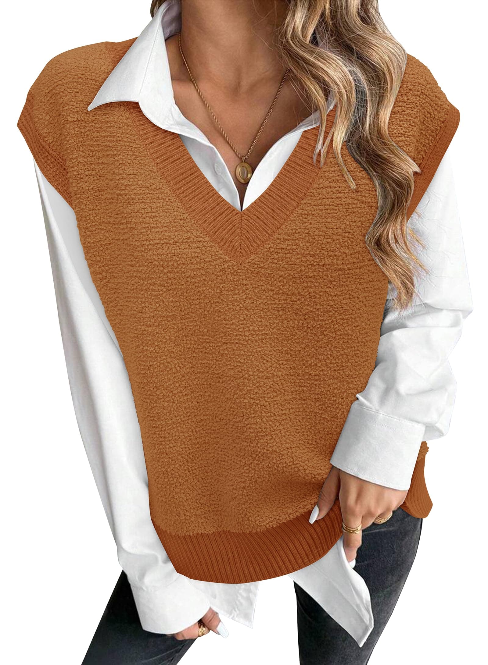 Arach&Cloz Women's Fall Sleeveless V-Neck Fleece Sweater Vest Tops