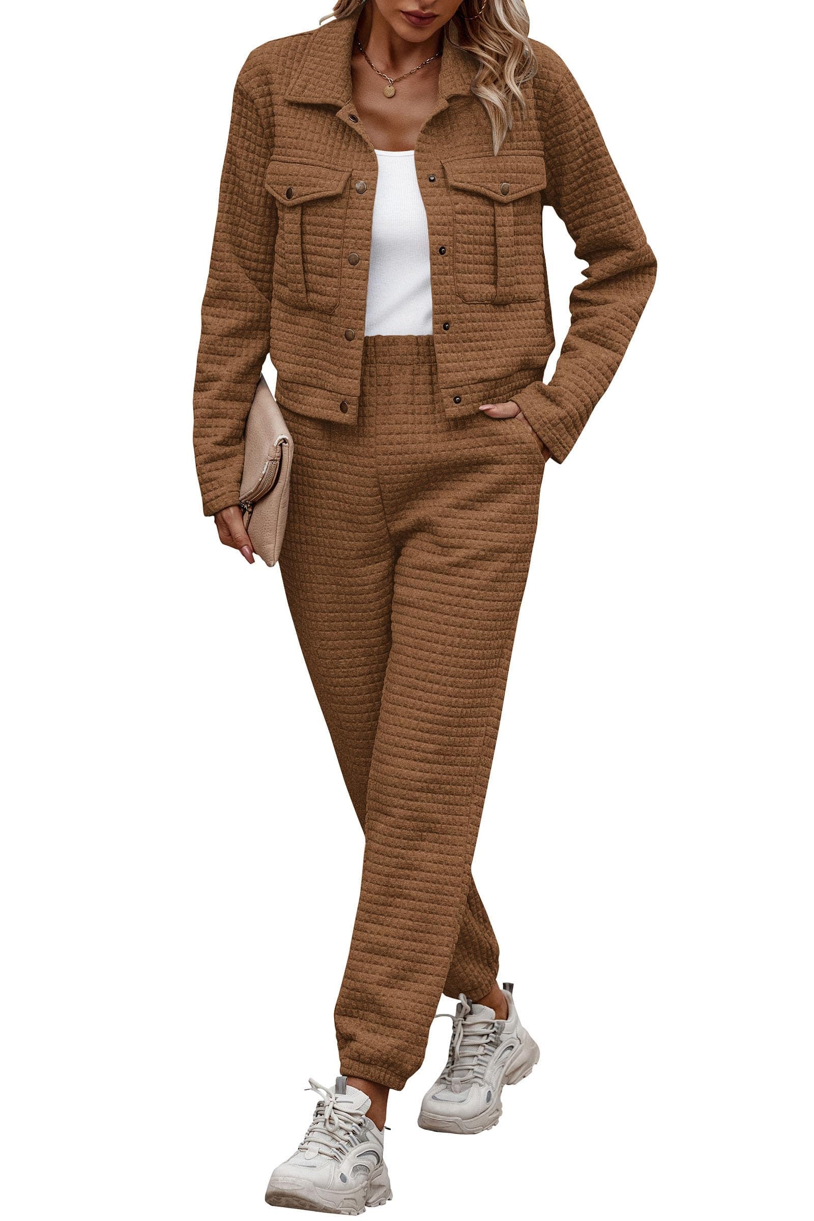 PRETTYGARDEN Women's 2025 Winter Tracksuit Long Sleeve Shacket Casual Set