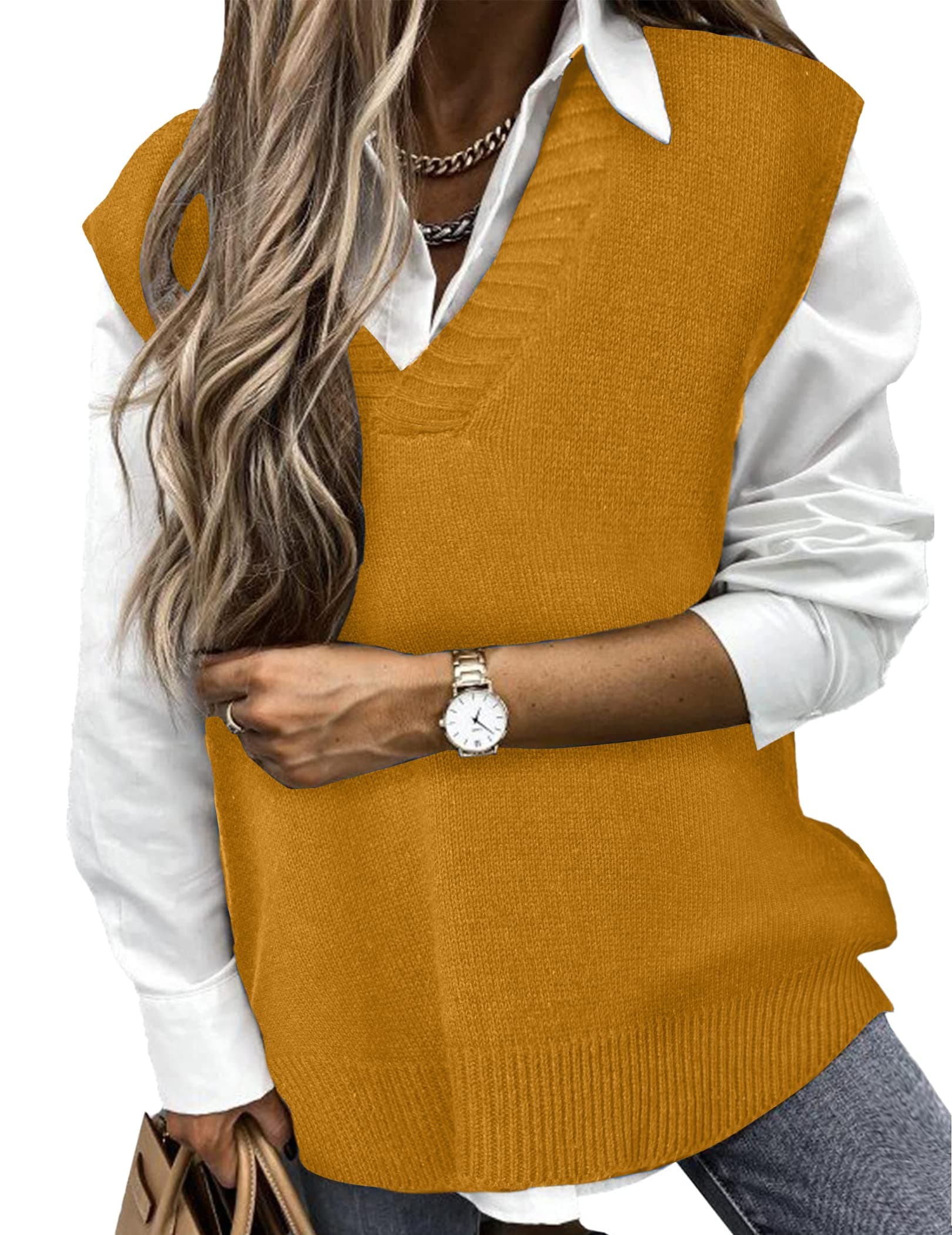 Beyove Oversized Yellow V-Neck Sleeveless Pullover Vest Medium